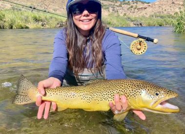 A lady holding a giant brown trout caught on a small stream in Utah.