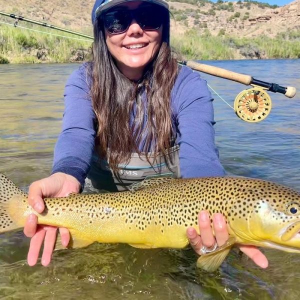 A lady holding a giant brown trout caught on a small stream in Utah.