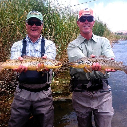 Two fly fisherman each with twenty inch brown trout