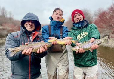 Three Jeremy Allan Fly Fishing clients all with trout caught at the same time on the Provo River