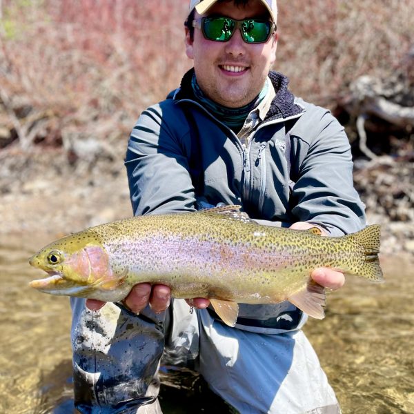 A Jeremy Allan Fly Fishing customer with a big rainbow trout on the Provo River