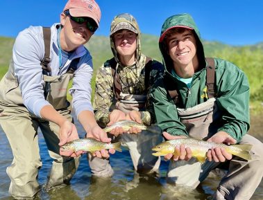 Three happy fisherman with brown trout on the Provo River