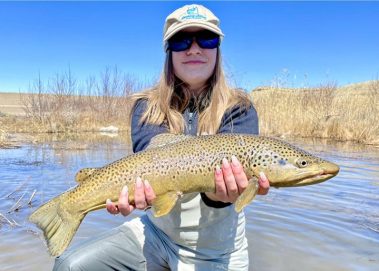 A happy girl fly fisherman with a big brown trout caught on a stream in Utah.