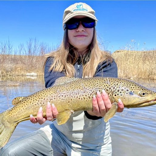 A happy girl fly fisherman with a big brown trout caught on a stream in Utah.