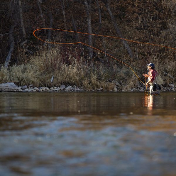 A fly fisherman casting a dry fly on the Provo River