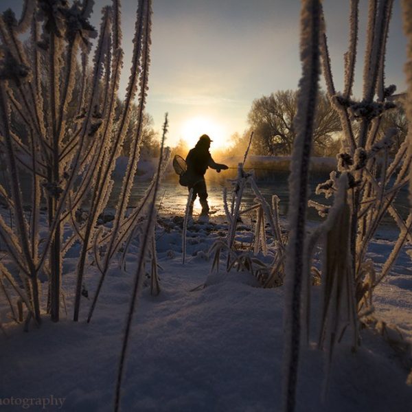 A fly fisherman standing in the Provo River during the Winter