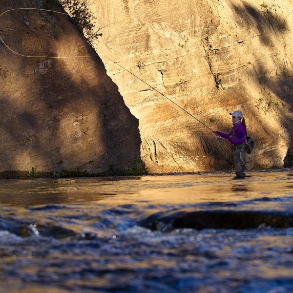 A woman fly fisher casting on the Provo River