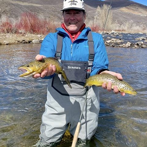 Fly fisherman standing in the Provo River holding two brown trout caught on a guided fly fishing trip.